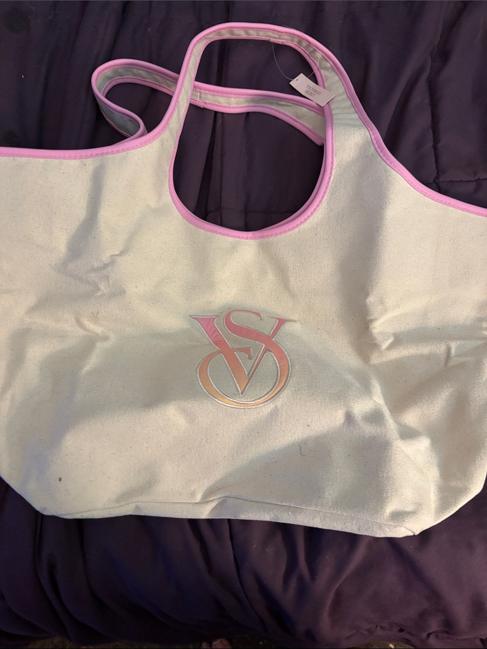 Victoria's Secret Cream Tote with Pink Trim & Gradient Logo